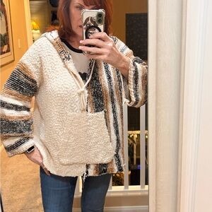 POL Cozy Striped Hooded Sweater Pullover Front Pocket - Medium Oversized